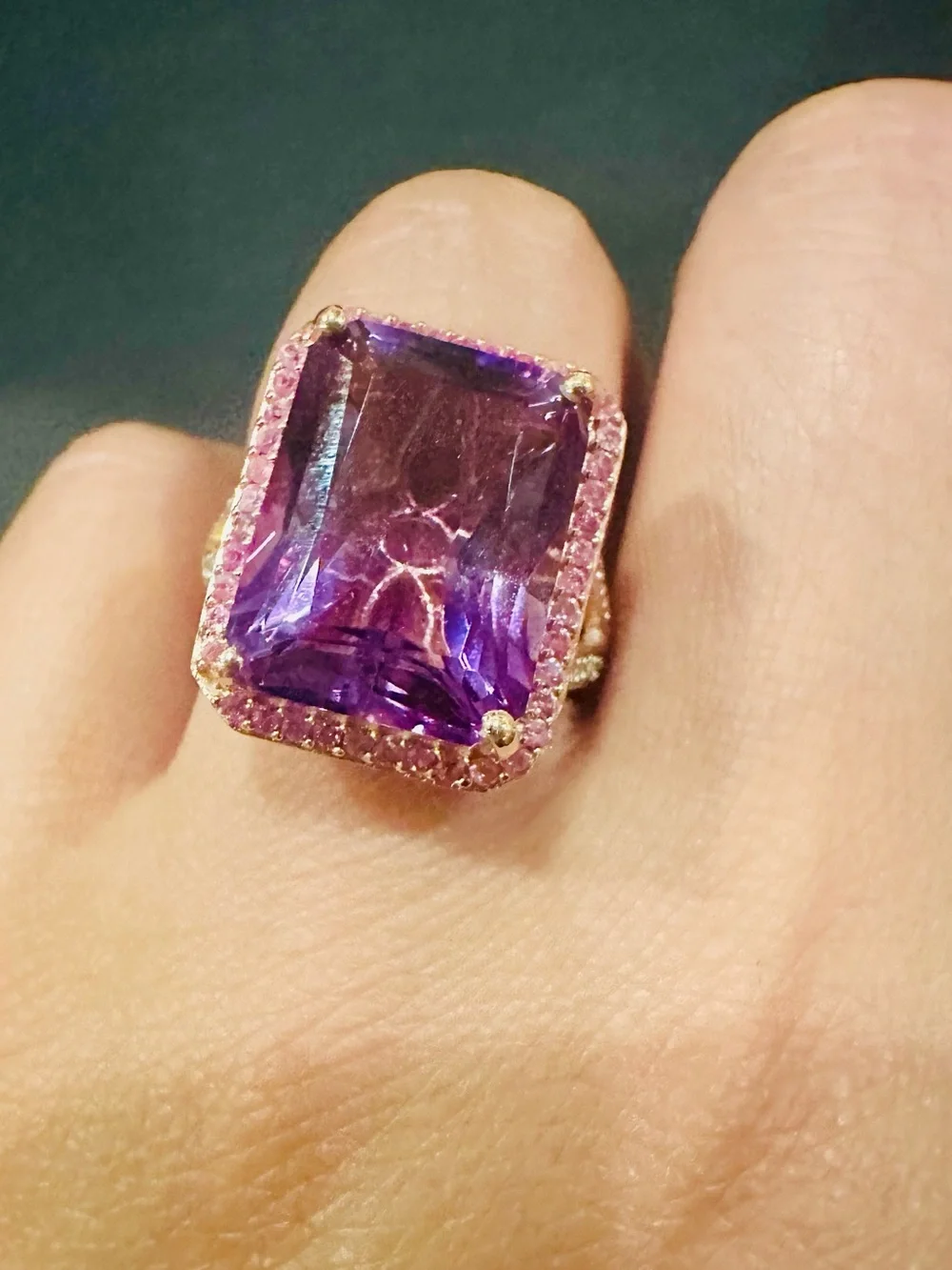 New XL Genuine Amethyst Diamond Cut Solitaire Ring 14k gold on 925 silver sz 7.5